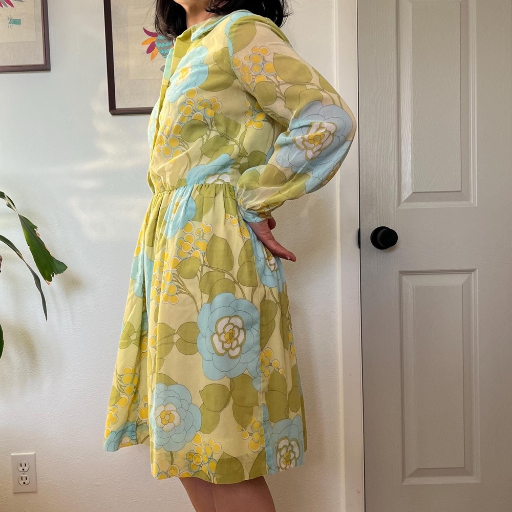 Vintage 60s Floral Dress Long Sleeve Blue Yellow Small Medium romantic Boho - Picture 4 of 12